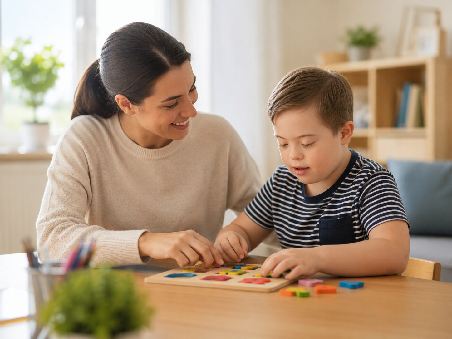 Caregiver and child colouring together at a sunlit kitchen table