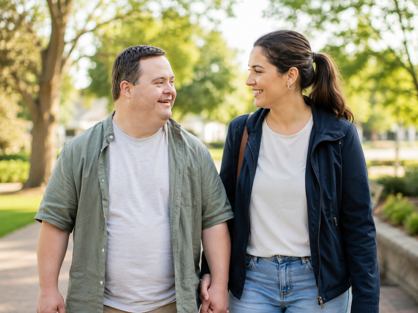 Support worker walking and laughing with an adult in a neighbourhood park