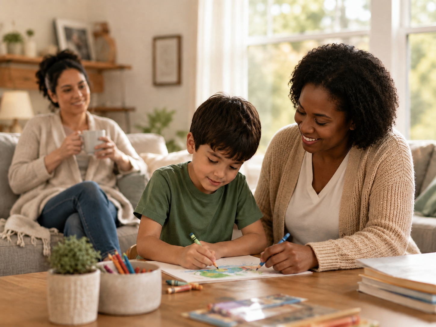 Caregiver and school-age child doing a craft together at a sunlit kitchen table
