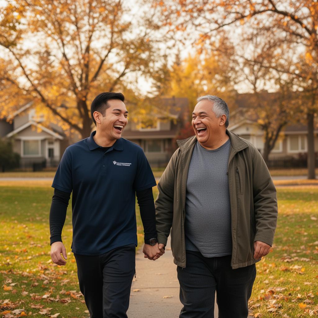 Support worker walking with an adult in the community